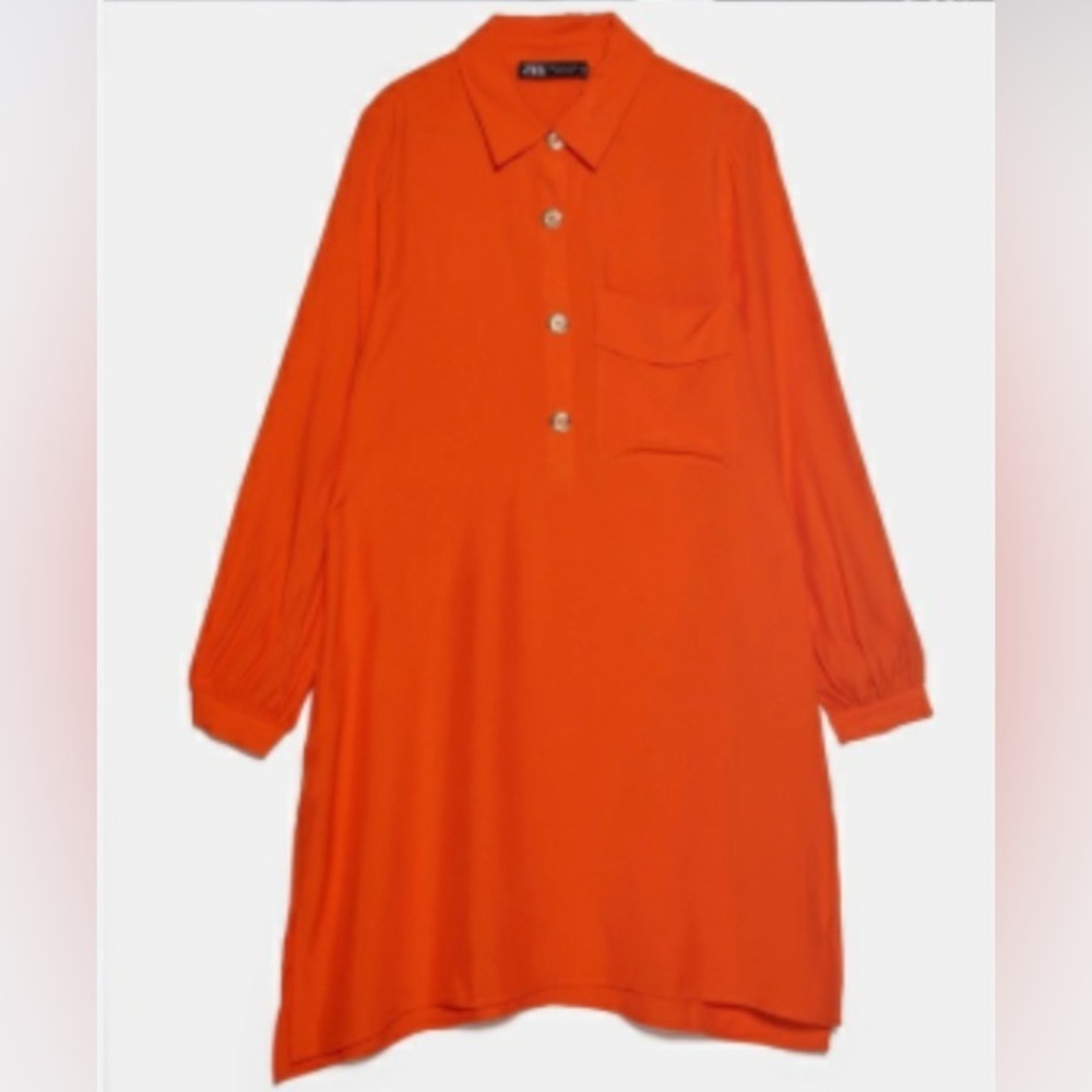 NWT Zara orange collared tunic w/4 gold buttons, front pocket, button cuffs 🧡 - Picture 3 of 7